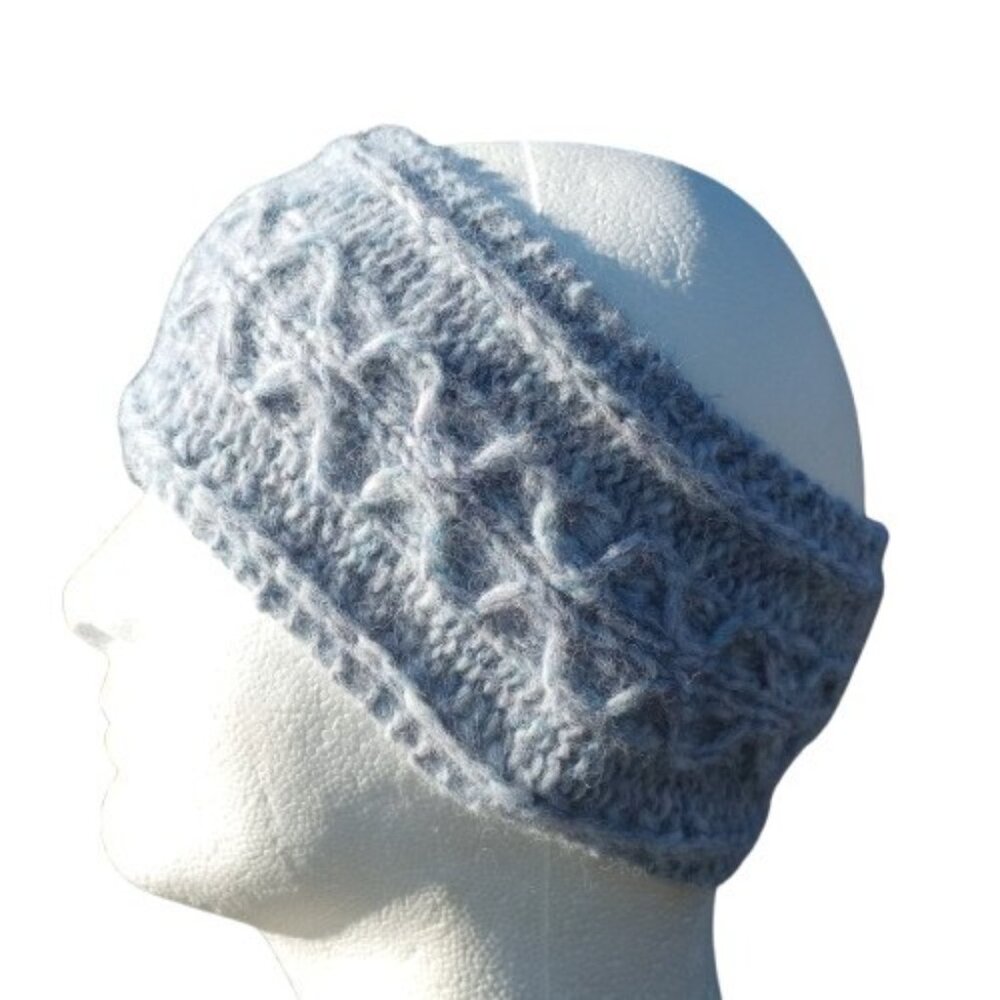 Alpaca Aran Cabled Headband Women's Ear Warmer Handmade Knit Ice Blue